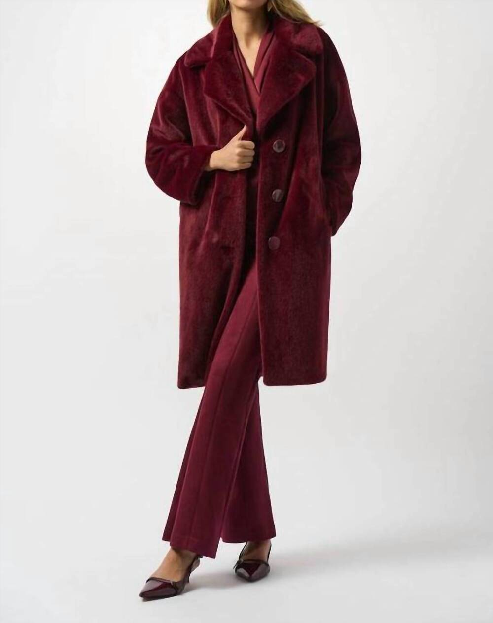 NEW JOSEPH RIBKOFF faux fur straight coat in merlot